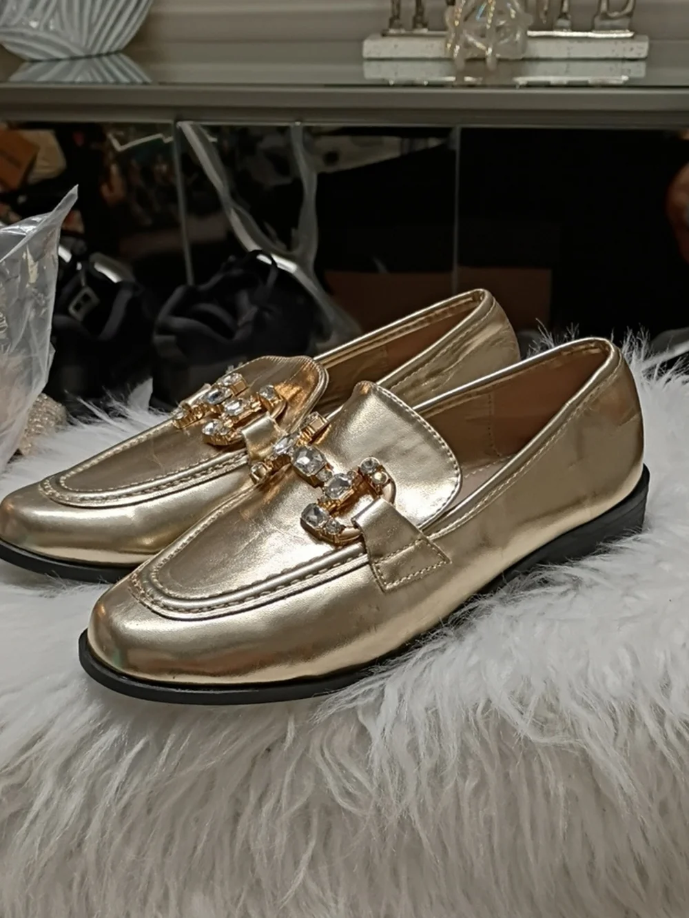 New Rag & Co Women's Metallic Gold Dendron Diamante Loafers with Crystal Accents